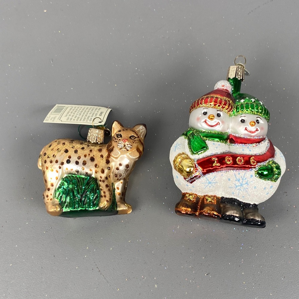 Old World Christmas Glass Ornaments Bobcat & Snowman Best Buddies/Couple 2006